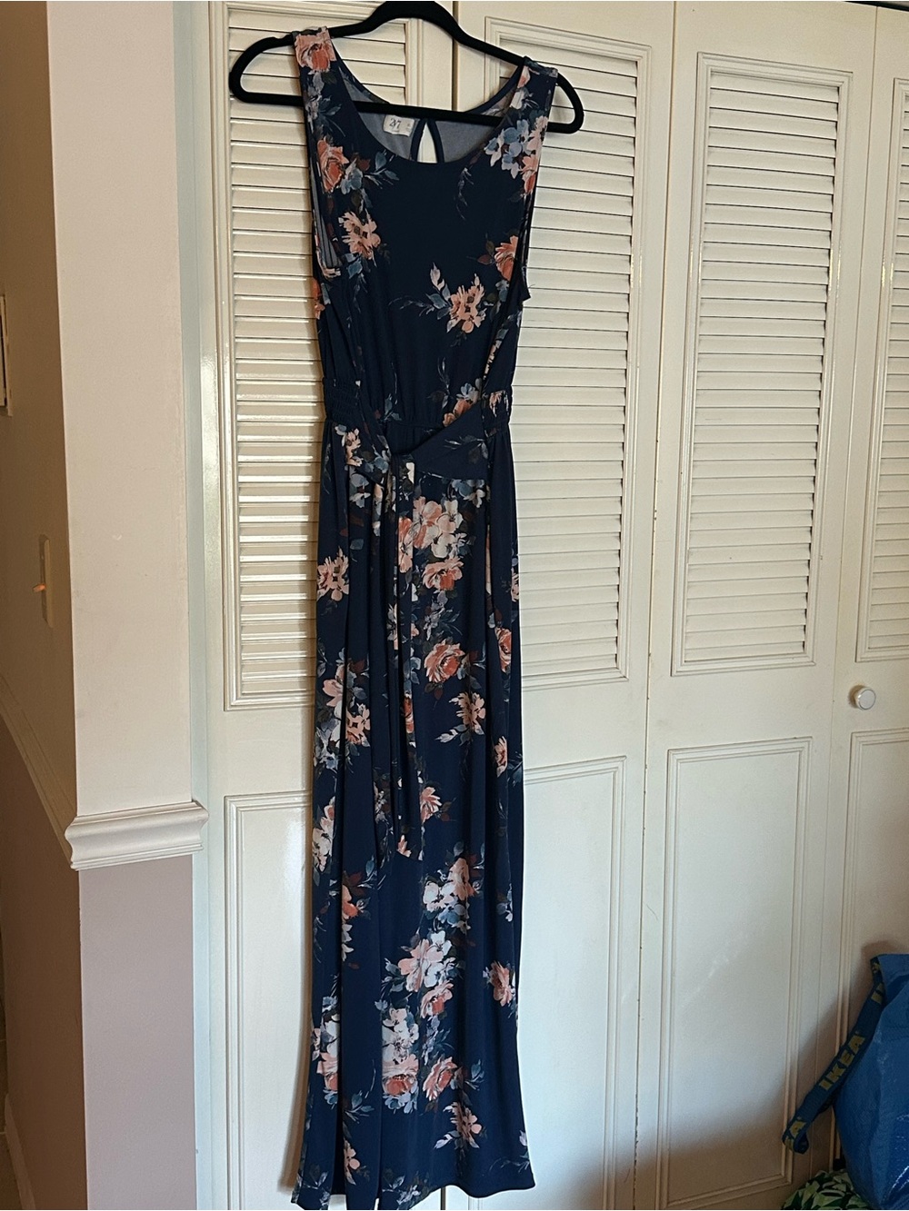 24/7 Comfort Apparel Navy Floral Sleeveless Maxi Jumpsuit with Tie Waist